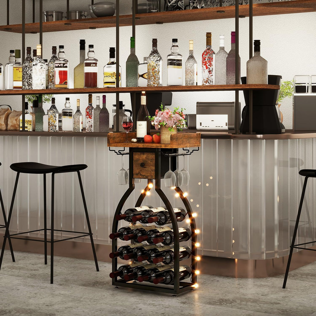 IBUYKE Weinregal Freistehend für 15 Flaschen,Flaschenregal mit Glashaltern und Speicher Schublade,Mi