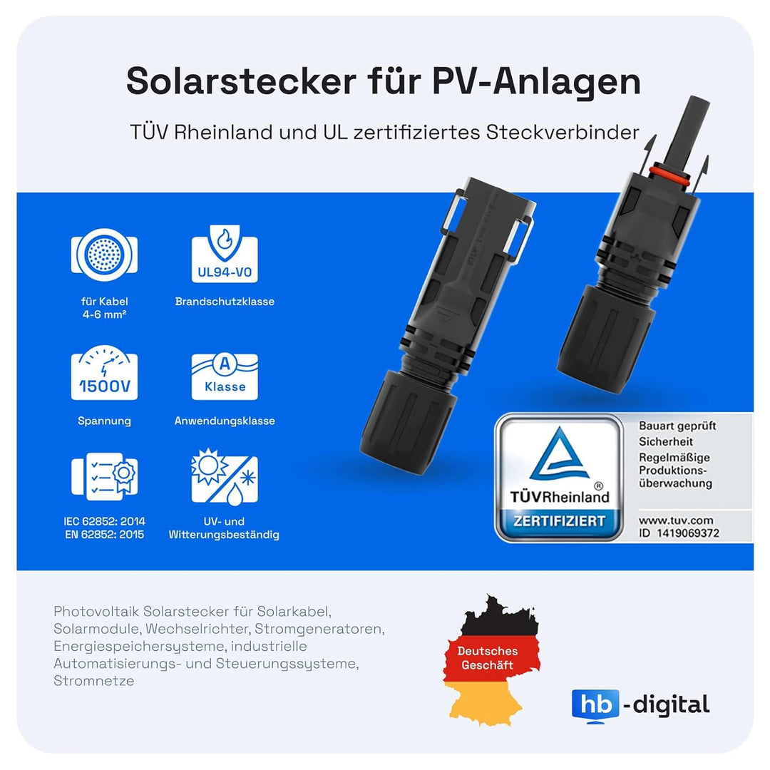 hb-digital Solarkabel Verlängerung 4mm²/6mm² PV Kabel Solar Verlängerungskabel mit Steckern und Buch