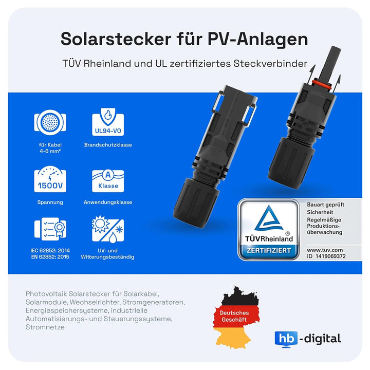 hb-digital Solarkabel Verlängerung 4mm²/6mm² PV Kabel Solar Verlängerungskabel mit Steckern und Buch