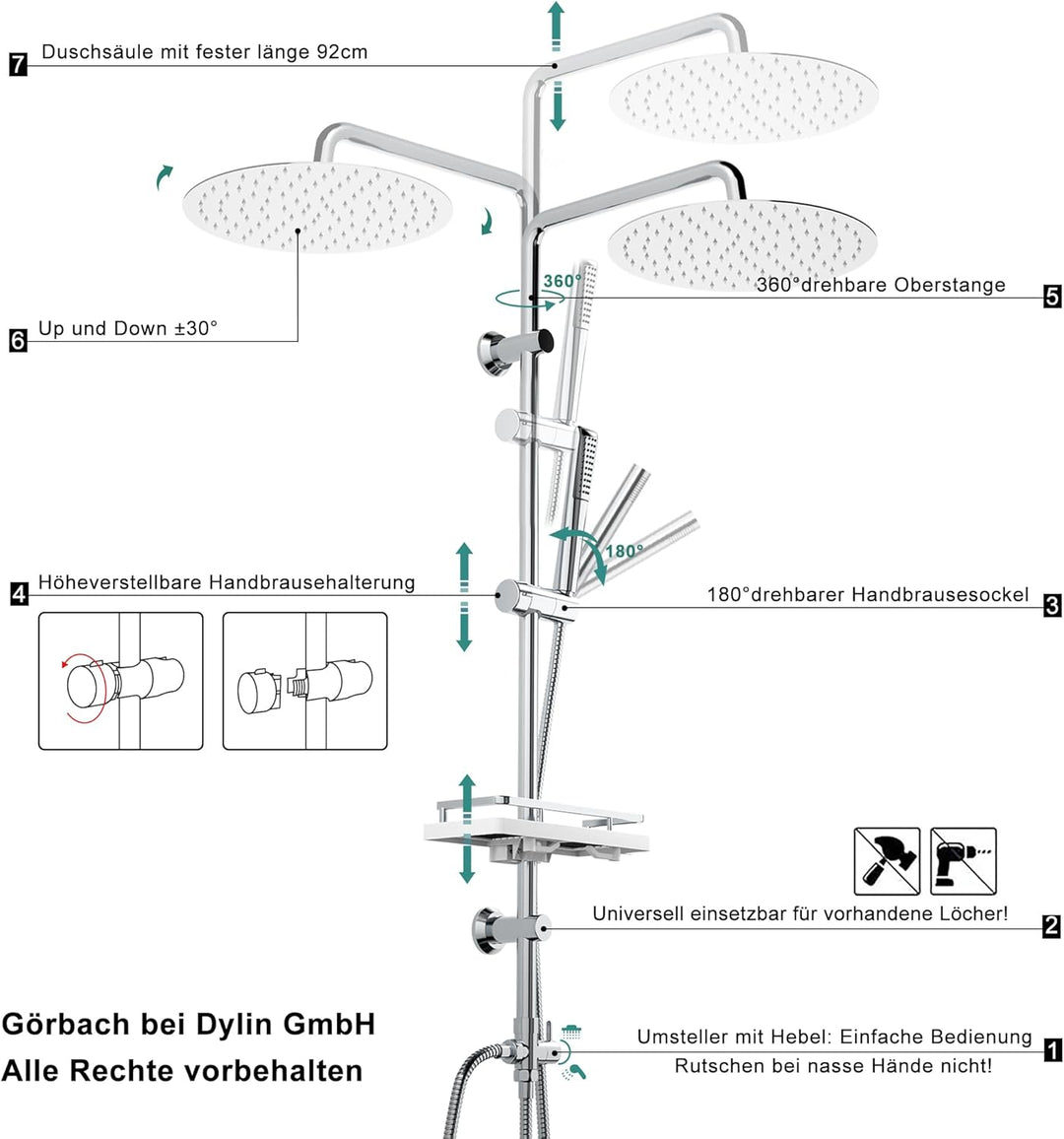 Görbach Regendusche Duschsystem Duschset mit Ablage Duschstangeset ohne Duscharmatur Chrom (D25) YT-