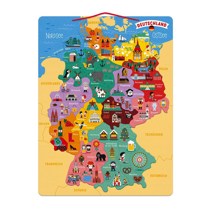 Janod Deutschlandkarte, magnetisch, Puzzle für Kinder aus Holz, 79 magnetische Teile, Entdecken und