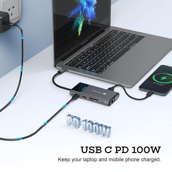 NOVOO 9-in-1 USB C HUB Adapter USB C mit RJ45 Gigabit Ethernet, 4K HDMI, VGA, 100W PD, SD/TF-Kartenl