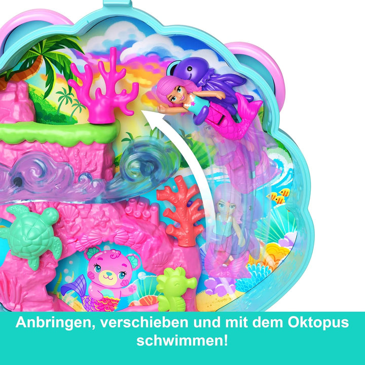 Polly Pocket Puppen und Spielset, Glitzerinsel-Schatulle, Reisespielzeug mit 1 Mini-Meerjungfrauenpu