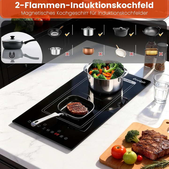 Induktionskochfeld 2 Zonen mit Stecker, Kochfeld 30CM Einbau, Induktionskochplatte Doppel Autark, In