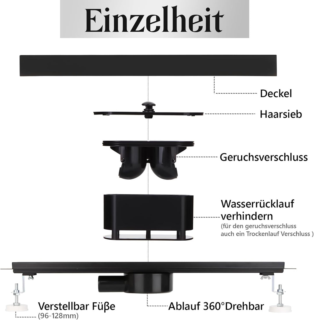 Duschrinne 40 cm Komplettset Schwarz, Edelstahl Ablaufrinne, Extra flache befliesbare Duschrinne mit