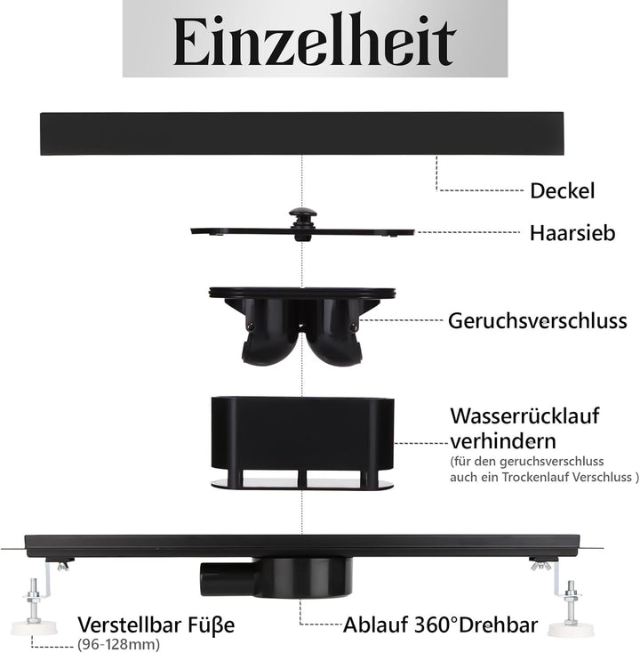 Duschrinne 40 cm Komplettset Schwarz, Edelstahl Ablaufrinne, Extra flache befliesbare Duschrinne mit