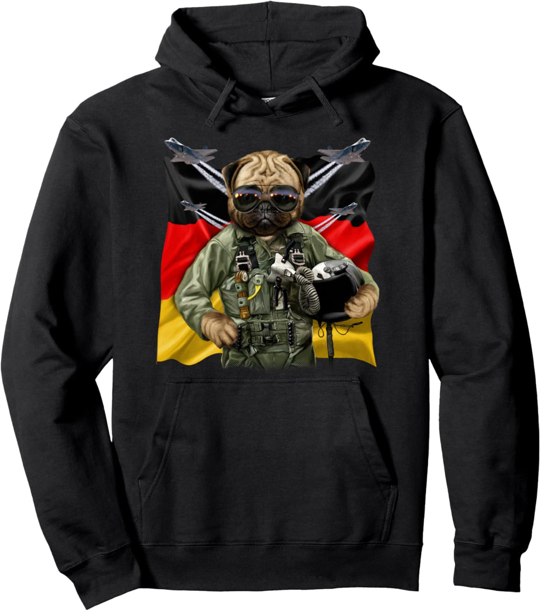Mops als Kampfpilot mit deutscher Flagge Pullover Hoodie