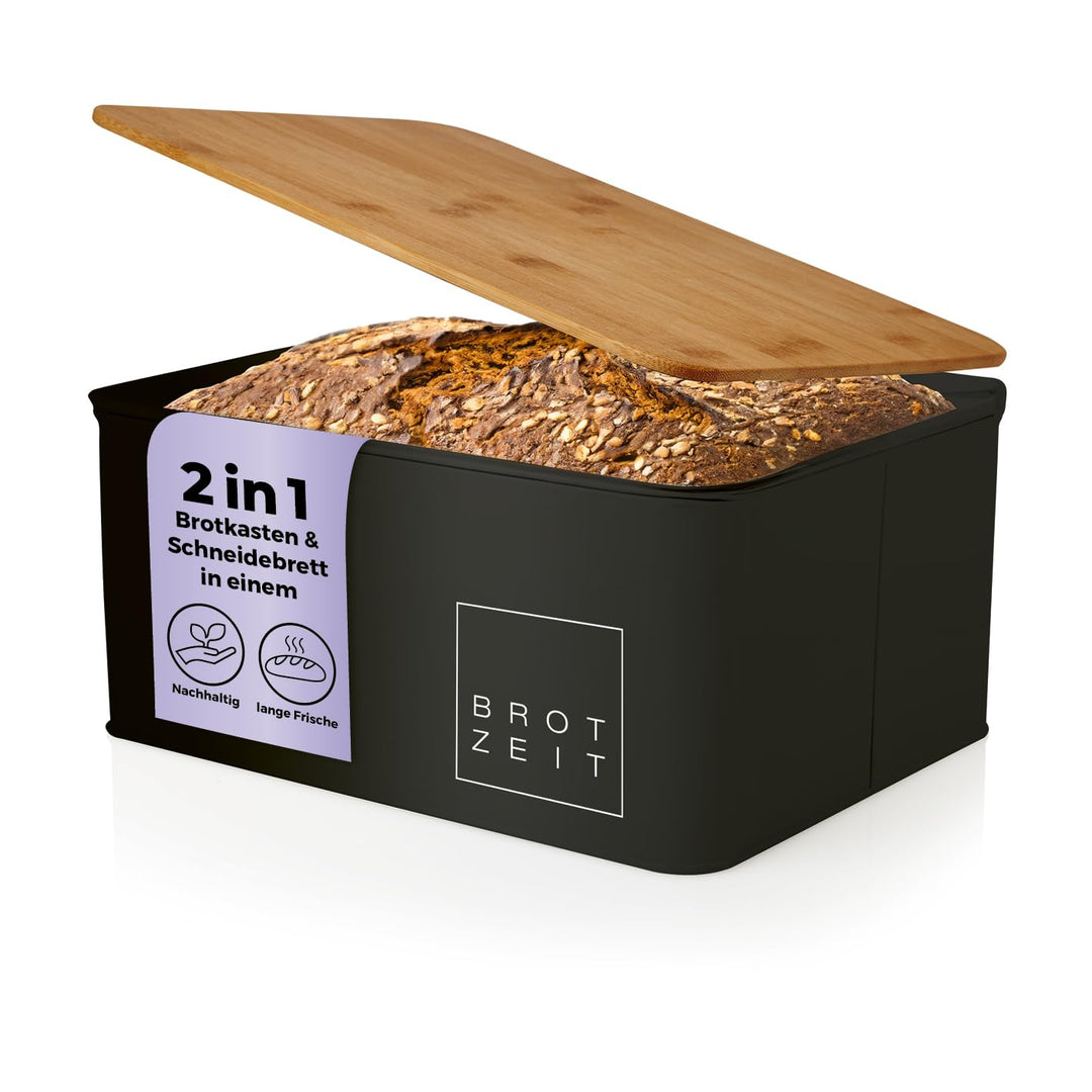 Lumaland Cuisine Brotkasten | Brotdose aus Metall mit Bambus Deckel | Brotbox rechteckig 30,5 x 23,5
