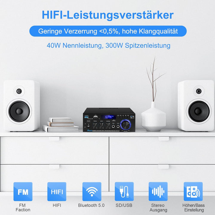 HiFi Verstärker mit Bluetooth, Mini Stereo Audio Amplifier Anlage 2.0 Kanäle 400W X 2 Endverstärker