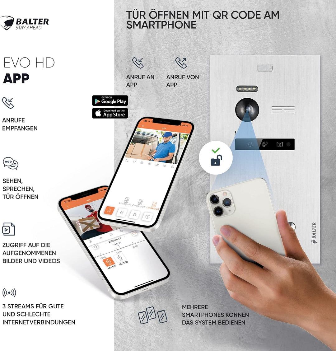 Balter EVO-HD Video Türsprechanlage mit Fingerprint, Video Türklingel, 1 Familienhaus, 2X 7 Zoll Mon