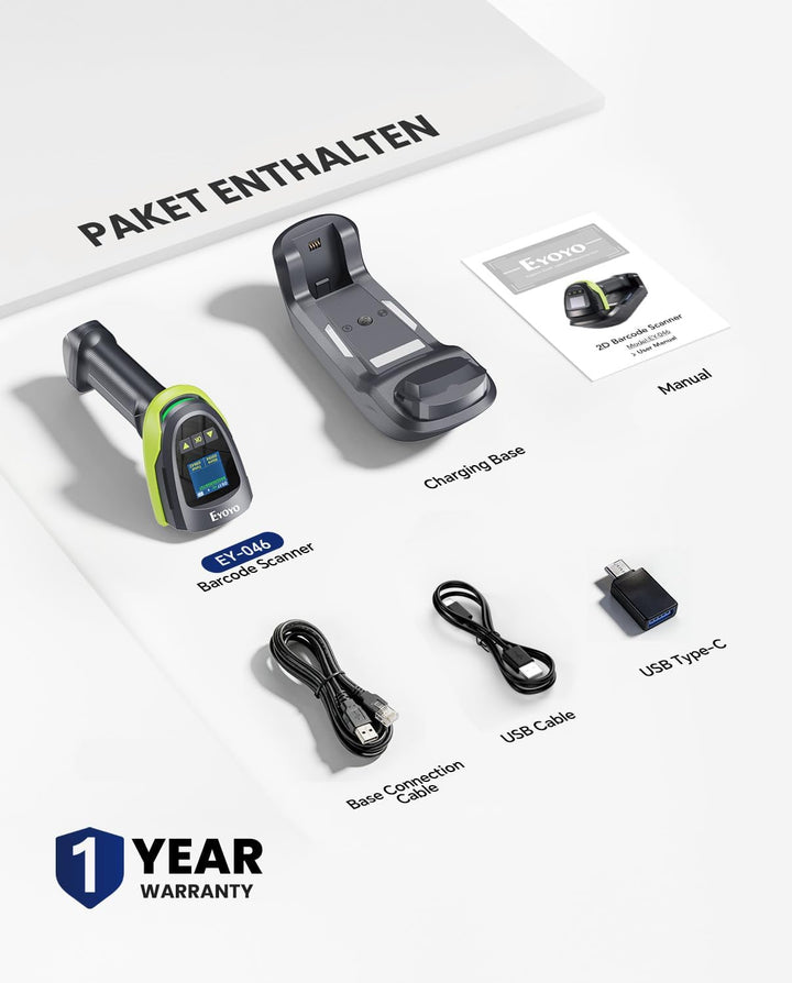 Eyoyo Barcode-Scanner kabellos mit Bildschirm: Pro 1D 2D QR Bluetooth-Scanner, Wandhalterung mit Lad