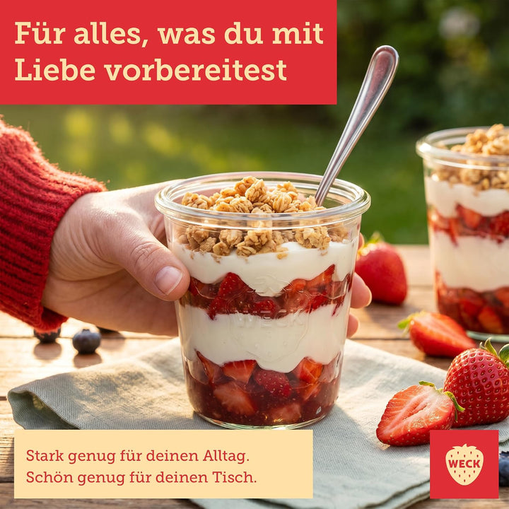 Weck Gläser 240ml – 6er Set mit Deckeln – Sturzform – robuste, stapelbare Dessertgläser, Einkoch- &