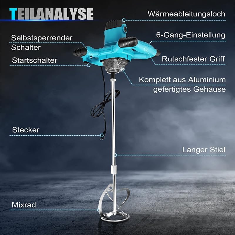 Farb-Mörtelrührer, 2100W Betonmischer, 6-Gang-Getriebe, 0-1500 1/min, inklusive Rondenrührer Ø 120mm