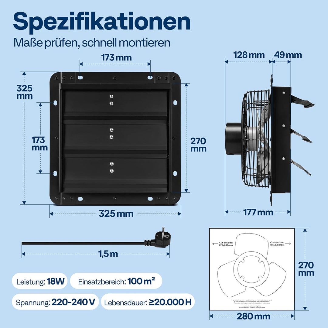 VIVOHOME 250mm Abluftventilator Industrie Wandventilator mit EC Motor Wandlüfter 10‑Fach Einstellbar
