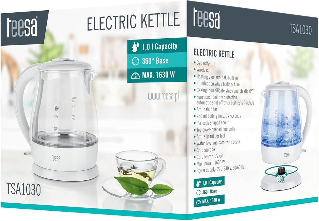 TEESA Kabelloser elektrischer Wasserkocher 1L, TSA1030B, weiss