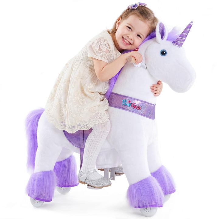 PonyCycle Einhorn zum Reiten für Kinder 3–4 Jahre, 76cm Hoch, Plüsch Einhorn auf Rollen mit Handbrem
