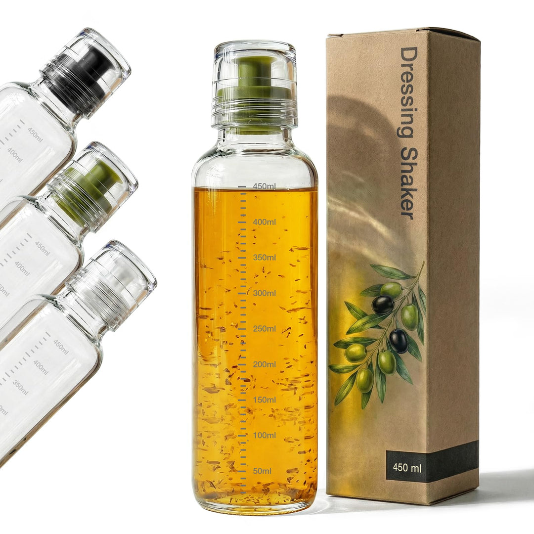 Dressingshaker aus Glas mit Skalierung 450ml | Dressing Behälter mit tropffreien Ausguss, spülmaschi