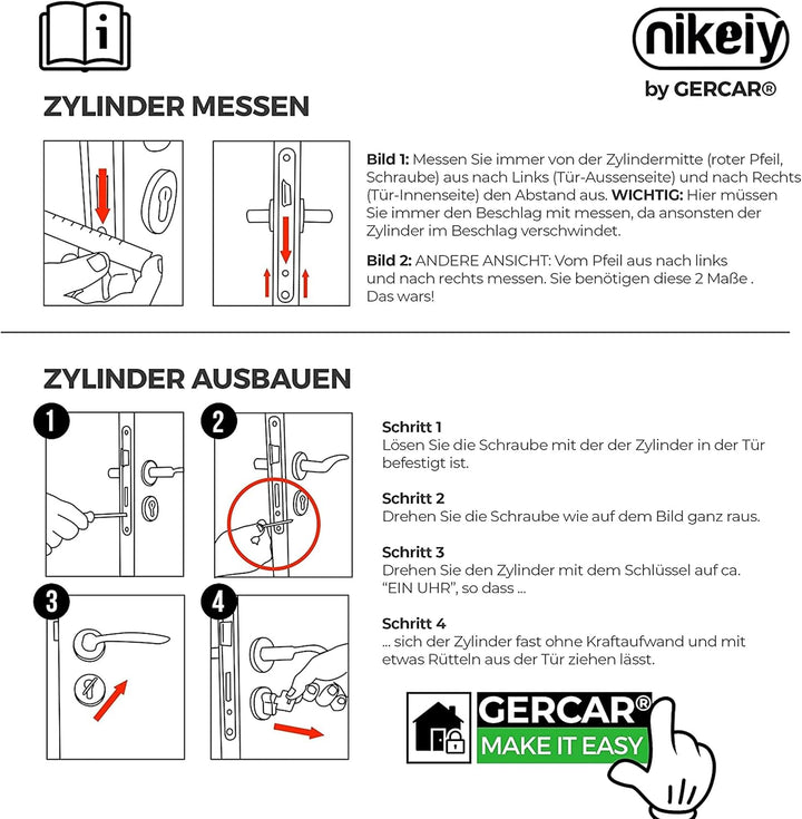 GERCAR Pro Gleichschliessend 3x Schliesszylinder 40/40 Set 3 Profilzylinder inkl. 15 Schlüssel - 80