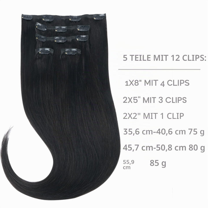WENNALIFE Clip in Extensions Echthaar, 75g 5pcs 40cm Natürliches Schwarz Extensions Clip in Remy Cli