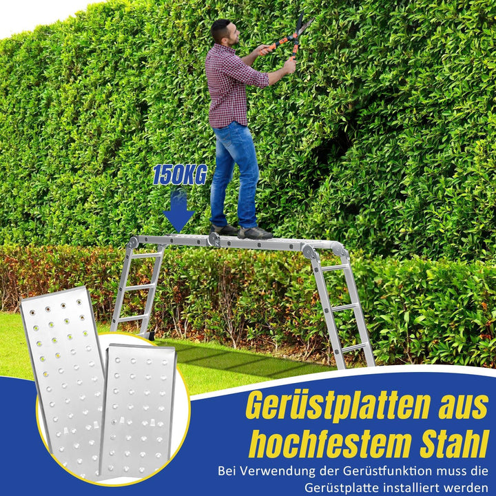 Mehrzweckleiter 4x3, 7in1 Multifunktionsleiter 366CM Alu Vielzweckleiter Klappleiter mit 2 Plattform