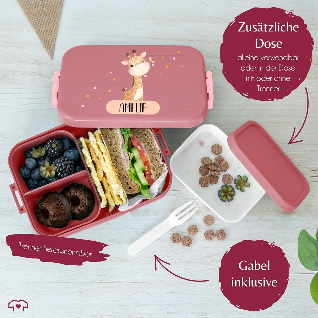 Kinder Bento Box Midi für Mepal Bentobox - Brotbox Mädchen süsse Giraffe mit Name | Kindergarten Ges