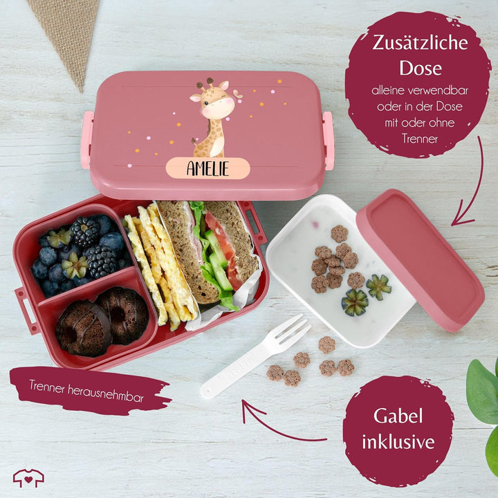 Kinder Bento Box Midi für Mepal Bentobox - Brotbox Mädchen süsse Giraffe mit Name | Kindergarten Ges