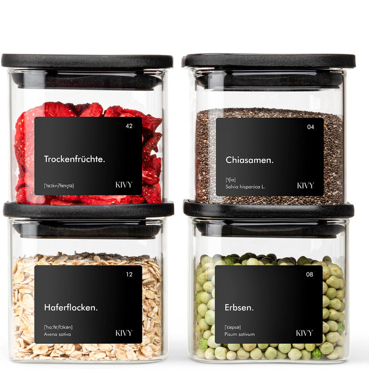 KIVY Vorratsgläser eckig [4x400ml] + Etiketten - Stapelbare & Luftdichte Aufbewahrungsgläser mit Dec