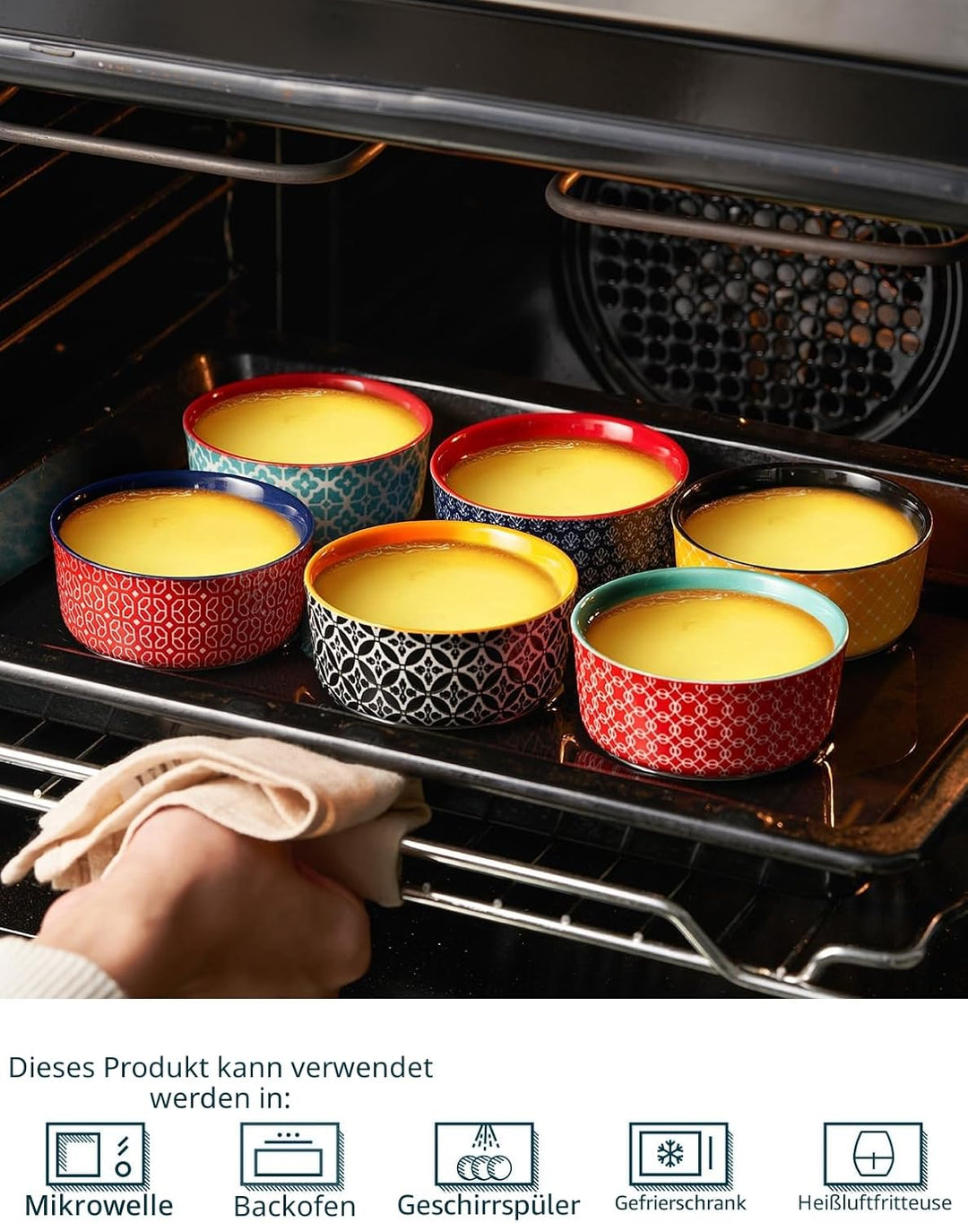 DOWAN Creme Brulee Schälchen mit Deckeln, 6 X 120ml Porzellan Souffle Förmchen Backofenfest, Auflauf