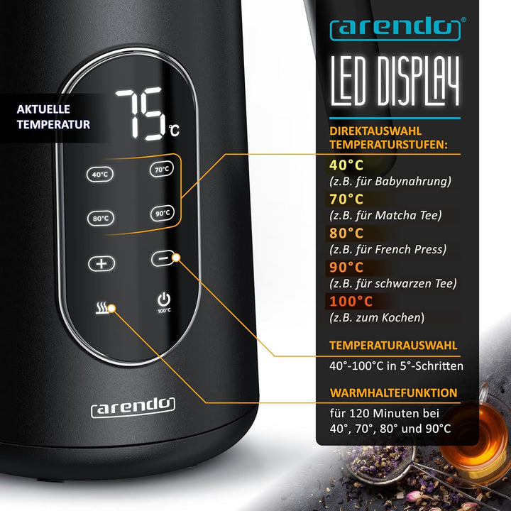 Arendo - digitaler Wasserkocher mit Temperatureinstellung - Edelstahl - Doppelwand Design Cool Touch