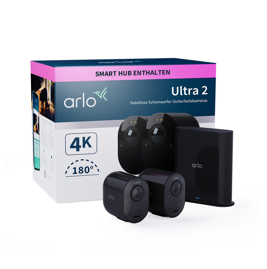 Arlo Ultra 2 Überwachungskamera Aussen WLAN, Kabellos, 2er Set, 4K UHD Qualitätsprodukt, 180° Sichtf