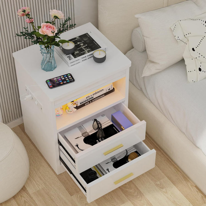 PIPIPOXER 2er Set Nachttisch mit Steckdose &amp; USB &amp; abschliessbar, Nachttisch Weiss mit LED Nachtkomm