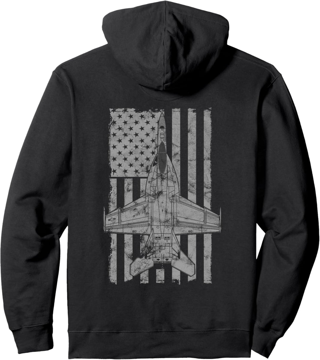 F/A-18E Super Hornet Flugzeug Vintage Flagge | Rückseite bedruckt Pullover Hoodie