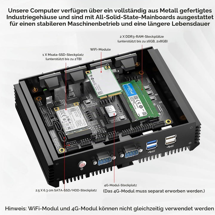 Industrie Mini PC, Desktop Lüfterloser Computer Core i7-5500U 2.4-3.0GHz, Windows 10 Pro, 16G RAM, 5