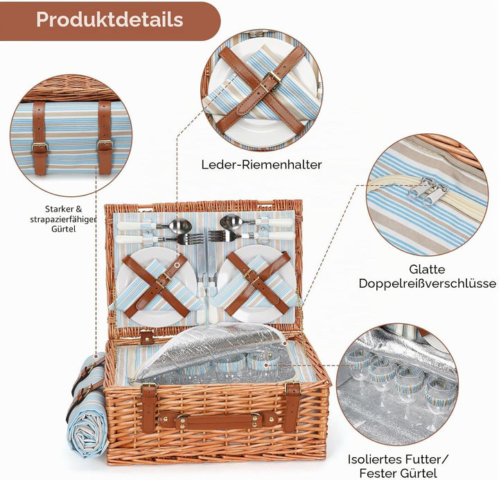 HappyPicnic Wicker Picknickkorb für 4 Personen, Willow Storage Hamper Service Geschenkset für Campin