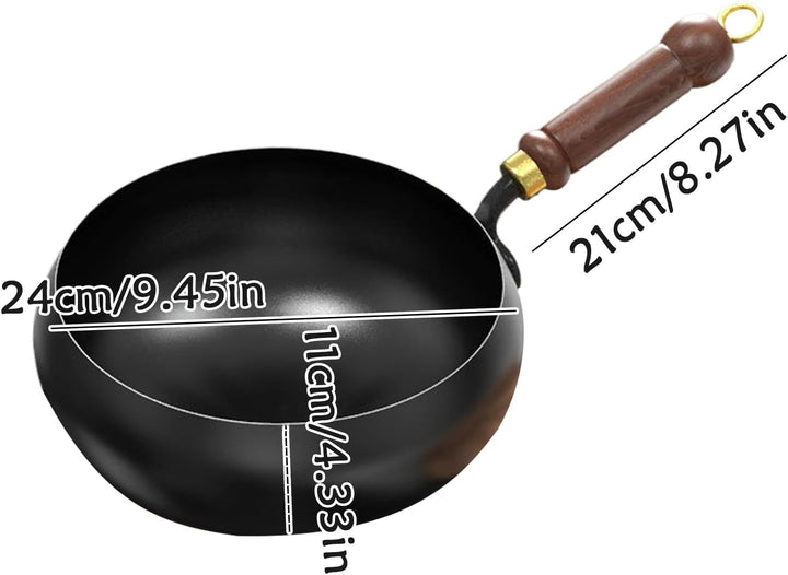 Hand Made Iron Pot with Wooden Handle, Hand-Forged Non-Stick Wok Pan, 24cm Cookware with Anti-Scaldi