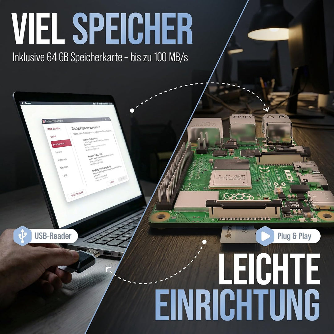 Raspberry Pi 4 2GB Starter-Kit Black | Offizielles Netzteil 15W | Offizielles Gehäuse | 64GB Edition