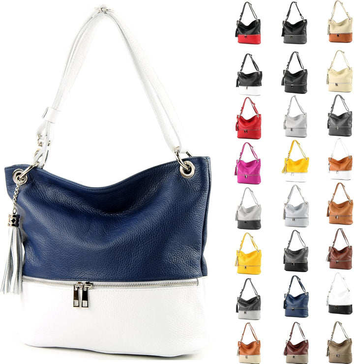modamoda de - T143 - ital. Leder Schultertasche Umhängetasche Weiss/Camel, Weiss/Camel