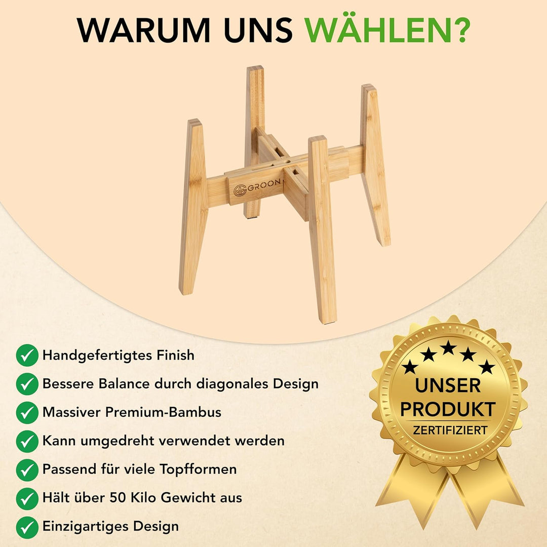 Groon Blumenständer Holz - Verstellbarer Bambus Pflanzenständer für 20-30 cm grosse Pflanzentöpfe -