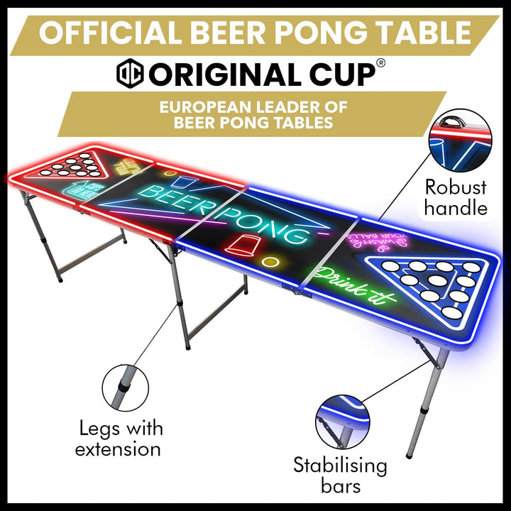 Offizieller Spotlightholes Beer Pong Tisch mit Löchern Set | 1 Glow Beer Pong Tisch + 2 Regale + 22