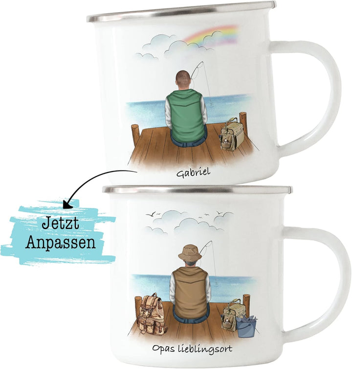 Angler Emaille Tasse Personalisiert Individuell mit Name Angeln Fischen Geschenk Opa Vater zum Vater