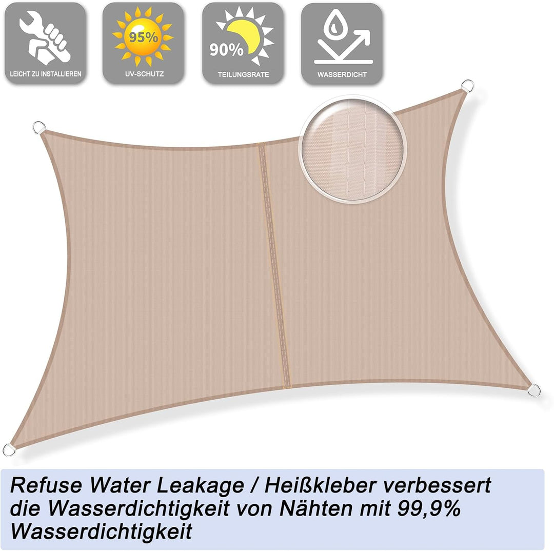 Sunnylaxx 4x6m Sonnensegel Rechteckig, Wasserdicht Sonnenschutz Sunsegel Color Taupe, 95% UV-Schutz,