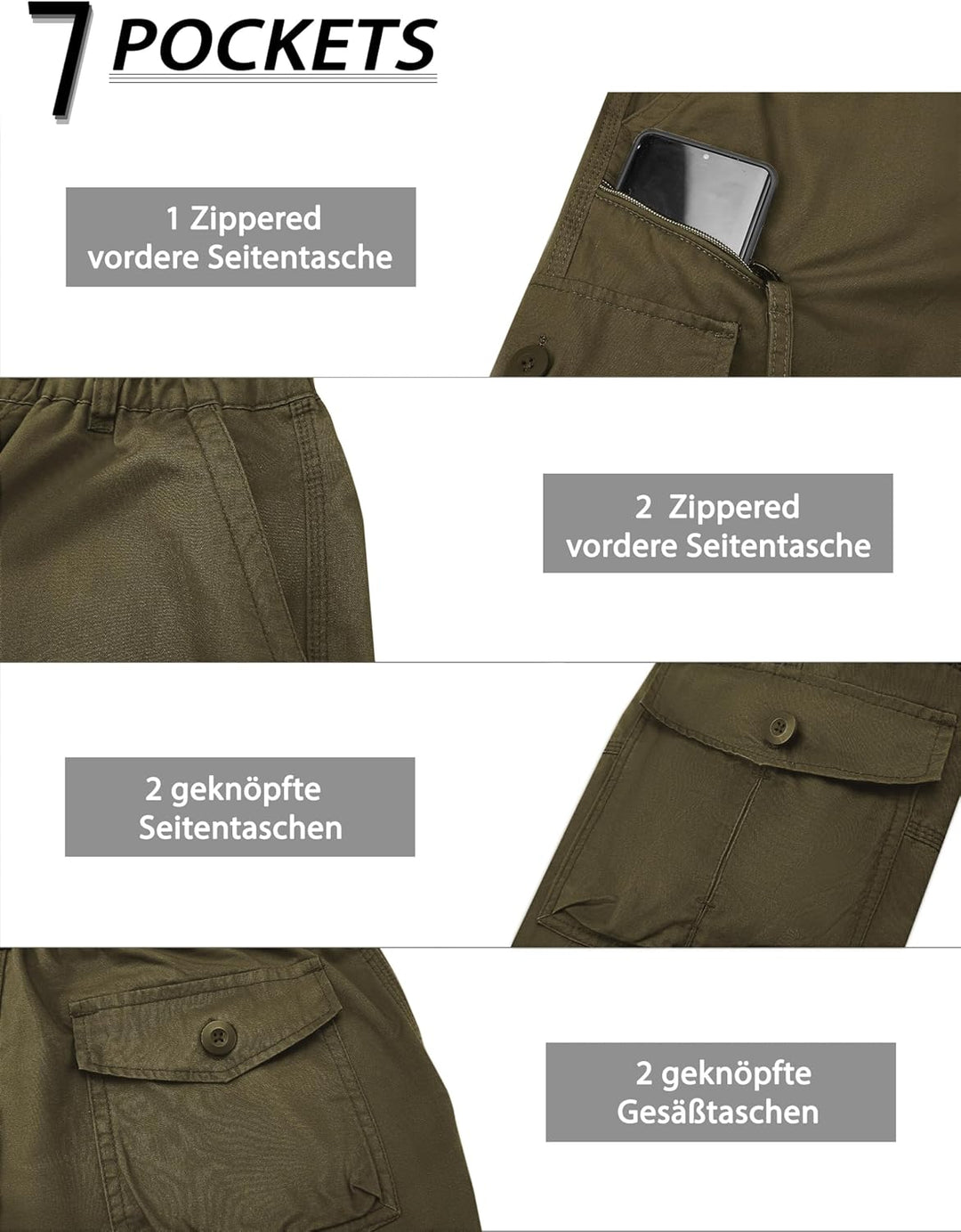 KEFITEVD 3/4 Hose Herren Cargo Shorts Männer Bermuda Shorts Multi Taschen Sommer Kurze Hose Baumwoll