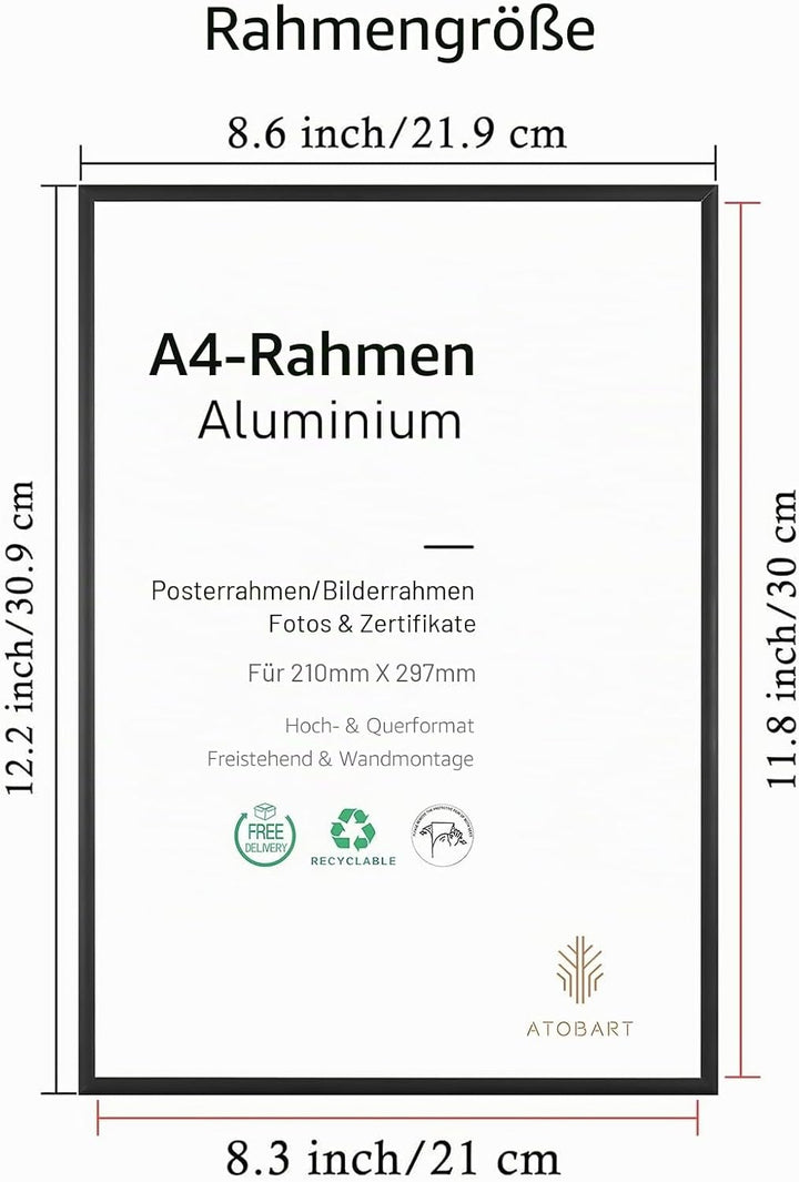 ATOBART A4-Fotorahmen, 3er-Pack-21x30cm schwarzer Bilderrahmen, Zertifikatsrahmen für Wandmontage od