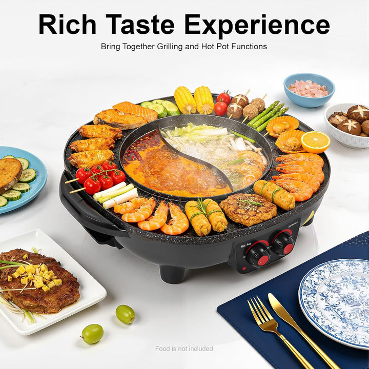 2-in-1-Grill-Hotpot, Multifunktionaler elektrischer Hotpot, Elektrischer Grill mit Grossem Fassungsv