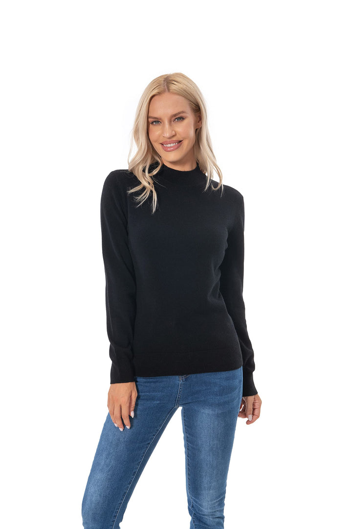 Women's 100% Pure Cashmere Long Sleeve Pullover Mock Neck Sweater XS Schwarz, XS Schwarz