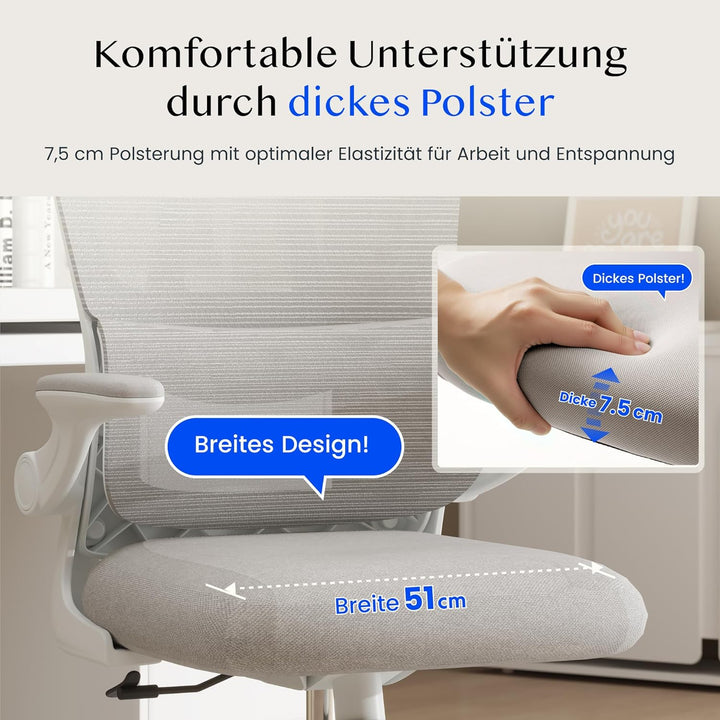 FLEXISPOT Ergonomischer Bürostuhl, Schreibtischstuhl mit 2D-Kopfstütze, Klappbare Armlehnen &amp; Dynami