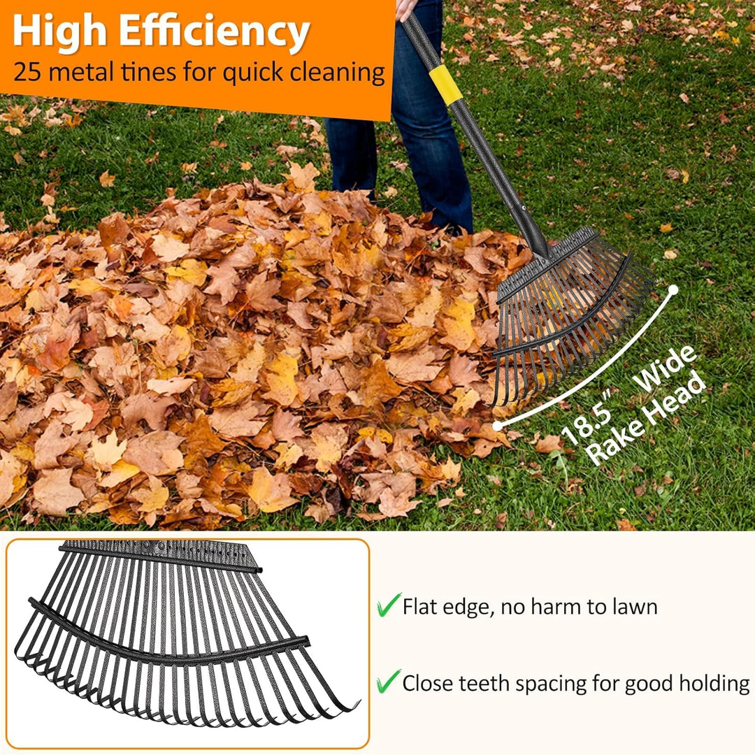 Gartenrechen 25 Zinken, Laubrechen 45 cm breit, Rasenrechen mit ergonomischem Griff 165cm, Stabiler