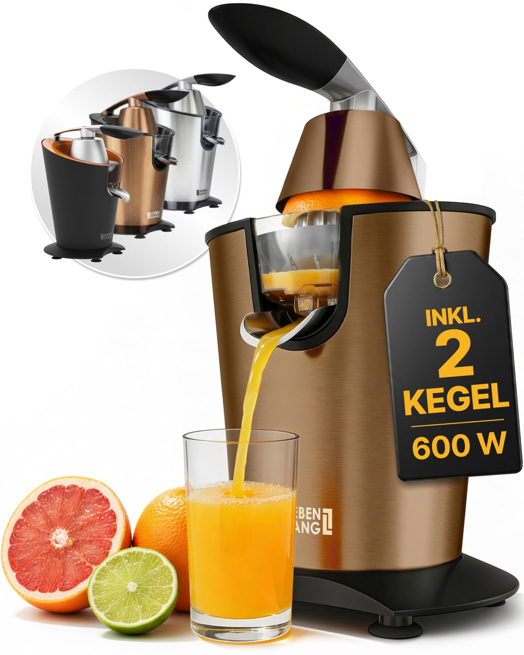 LEBENLANG Saftpresse elektrisch 600W - Inkl. Edelstahlkegel & BPA-Frei I Hohe Ergiebigkeit I Orange