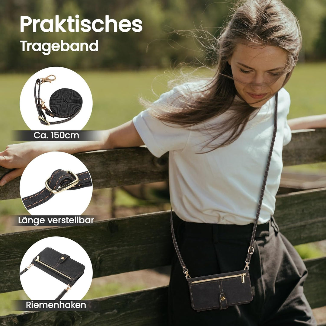 ZCDAYE Hülle für iPhone 16 Pro Max mit Band Handykette, Leder Handyhülle Handytasche mit Kartenfäche