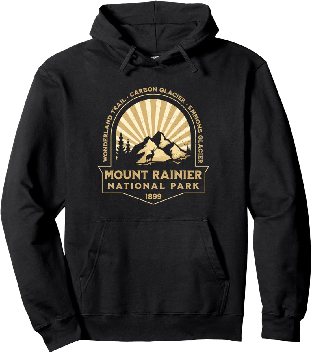 Mount Rainer National Park Retro Sunburst Pullover Hoodie